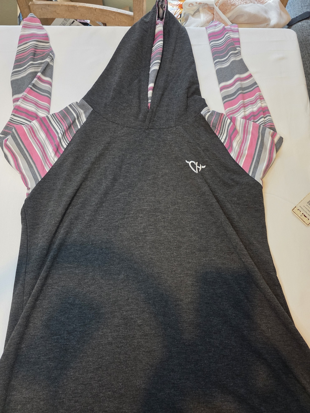 Charcoal Hooded Pullover with Pink & Gray Striped Sleeves